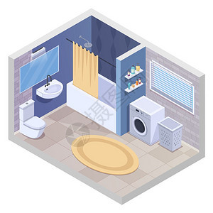 现代浴室等距成浴室等距内部与现实的卫生设施家具与洗衣机毛巾烘干机地毯矢量插图图片