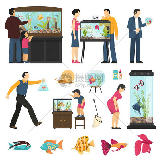 人水族套水族馆人了套人类人物鱼缸,同的形状各种鱼类的矢量插图图片