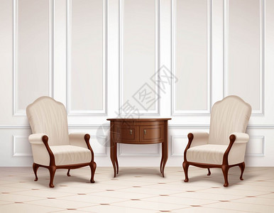 经典的室内经典的室内与成型墙上,深色木制桌子扶手椅轻型地板矢量插图图片