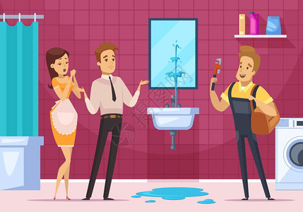 水管工家庭夫妇浴室内部水管工来消除管道堵塞家庭夫妇浴室内部平矢量插图图片