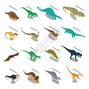 龙等距图标龙集等距图标与食肉动物食草动物,包括暴龙翼龙三龙孤立矢量插图图片