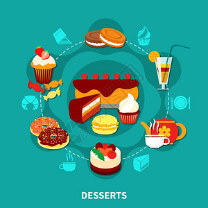 餐厅甜点圆形构图餐厅与圆形成的平糖果饮料图像各种菜肴象形图剪影矢量插图图片
