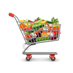 蔬菜购物蔬菜购物的现实与购物车商品矢量插图图片