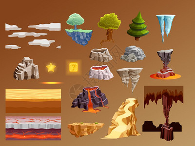 电脑游戏卡通元素三维集电脑游戏3D明亮的发光元素收集与黄金熔岩火山爆发焦糖棕色背景矢量插图图片
