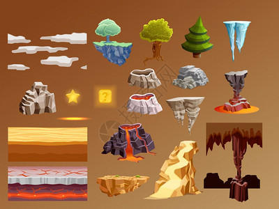 电脑游戏卡通元素三维集电脑游戏3D明亮的发光元素收集与黄金熔岩火山爆发焦糖棕色背景矢量插图图片