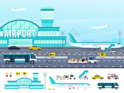 机场平风格插图机场设跑道照明设备,为旅客卡车配备行李梯平型孤立矢量插图图片