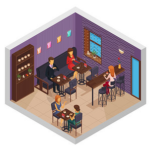 咖啡馆内部构图咖啡馆内部餐厅比萨店小酒馆食堂等距室内构图与橱柜游客坐桌子矢量插图图片