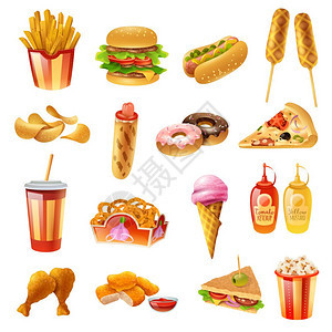 快餐菜单彩色图标快餐店菜单五颜六色的图标收集与热狗比萨饼,鸡腿,番茄酱奶昔矢量插图图片