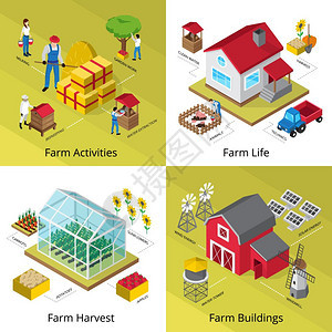 农场4等距图标正方形农业生活4等距图标广场与温室作物收获设备,农舍设施孤立矢量插图背景图片