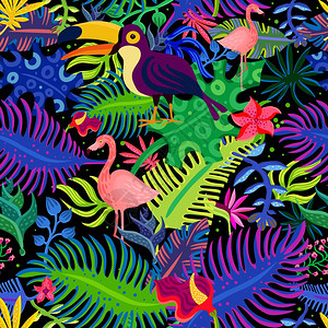 热带异国情调无缝图案热带天堂异国情调的彩色无缝图案与火烈鸟巨嘴鸟明亮的紫色绿色叶矢图图片