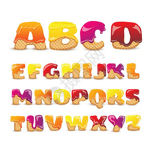 涂布晶片甜字母表字母集涂布华夫饼拉丁字母甜字母与水果风味趣的彩色象形文字收集海报抽象矢量插图图片