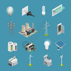 电力图标等距收集电源图标等距与电气连接器插座插头灯泡风车能量发生器隔离矢量插图背景图片