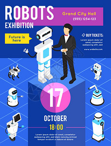 机器人展览等距海报机器人展览等距广告海报与人人工智能基座上的蓝色背景矢量插图图片