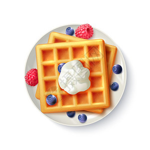 早餐华夫饼现实的顶部视图图像早餐菜单项目甜比利时华夫饼与蓝莓覆盆子奶油现实的顶部视图板图像矢量插图图片