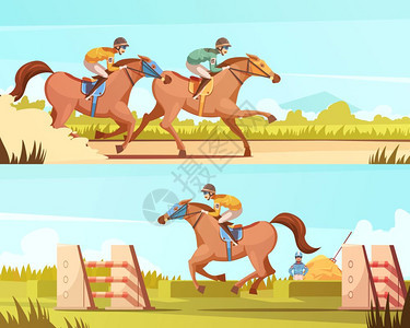 马术运动水平横幅马术运动水平横幅与骑马赛车卡通作品平矢量插图背景图片