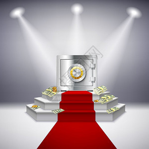 现实的金钱表现现实的金钱表现与钢安全美元钞票节日舞台投影仪红地毯隔离矢量插图图片
