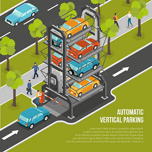 公园海报汽车停车海报传单与自动垂直停车位于城市矢量插图图片