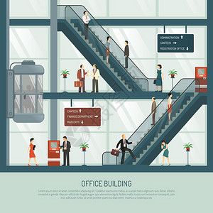 办公楼平成商务办公楼背景,带自动扶梯电梯人物矢量插图的办公街区轮廓视图背景图片