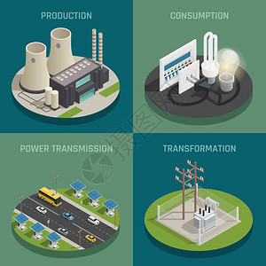 电力设备电力4等距图标电力生产发电输电改造变电站消费4等距图标方形孤立矢量图插画