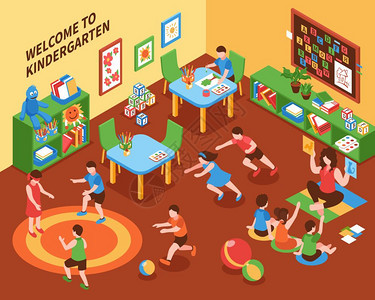 幼儿园内部等距成幼儿园内部等距构图,儿童繁忙的移动游戏教育创意矢量插图图片