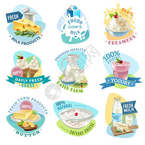 牛奶产品标志集牛奶产品标志黄油奶油卡通孤立矢量插图图片