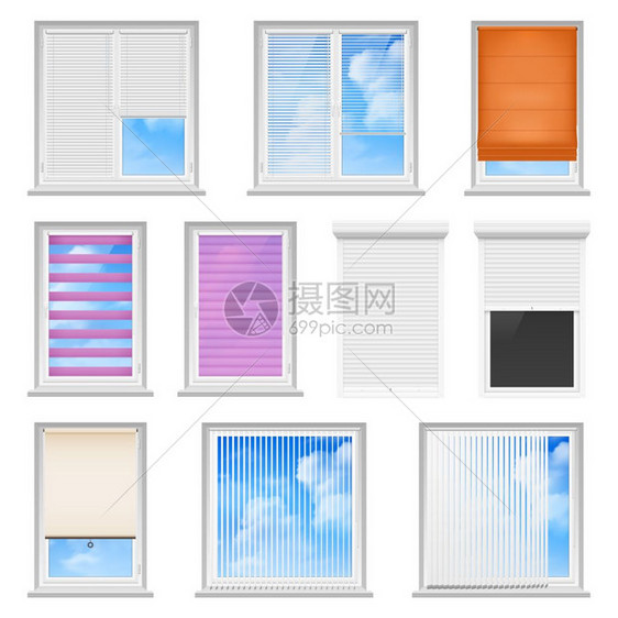 百叶窗彩色平套百叶窗彩色平办公室创造的家庭内部隔离白色背景矢量插图图片