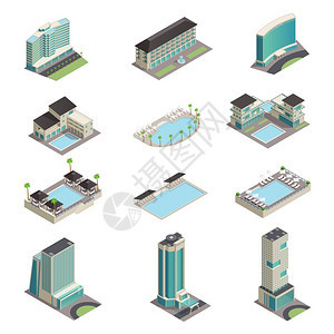 豪华酒店建筑等距图标豪华酒店建筑等距图标与现代度假胜地摩天大楼游泳池放松区矢量插图图片