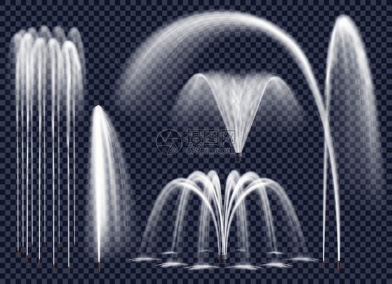 透明背景集上的真实喷泉真实的喷泉与水射流各种几何合的透明背景孤立矢量插图图片