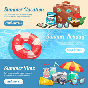 暑假横幅暑假水平横幅与海滩配件旅行属救生圈上的水隔离矢量插图图片