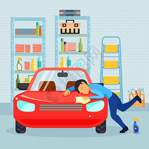 男喜欢他的汽车构图彩色扁平的男喜欢他的汽车构图与男人洗他的汽车车库矢量插图图片