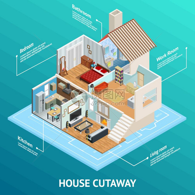 等距房屋轮廓等距房屋切割成与轮廓家庭房间视图文本标题的抽象背景矢量插图图片