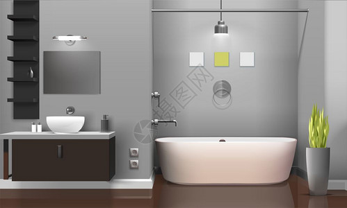 现代写实浴室室内现代写实浴室室内与白色卫生设备,货架灰色墙壁,装饰植物矢量插图图片
