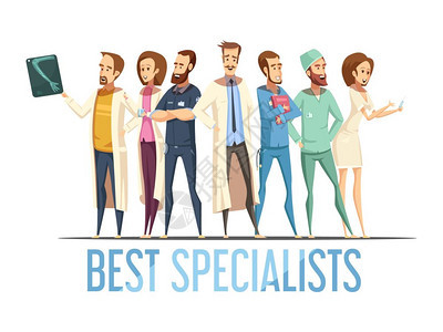 最佳医学专家卡通风格插图最好的医疗专家与微笑的医生护士各种姿势卡通复古风格矢量插图图片