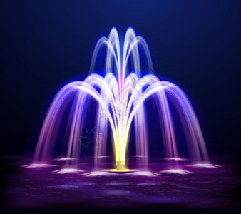 点燃的夜晚喷泉现实插图现代灯光夜间喷泉照亮黄色紫色的深色背景现实矢量插图背景图片