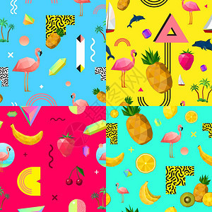 装饰彩色无缝图案装饰无缝多边形图案4正方形成热带水果粉红色火烈鸟海豚抽象矢量插图图片