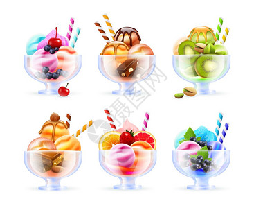 雪碧冰淇淋璃套装雪莱璃分类现实的图像与彩色冰淇淋,水果鸡尾酒同的颜色配料矢量插图图片