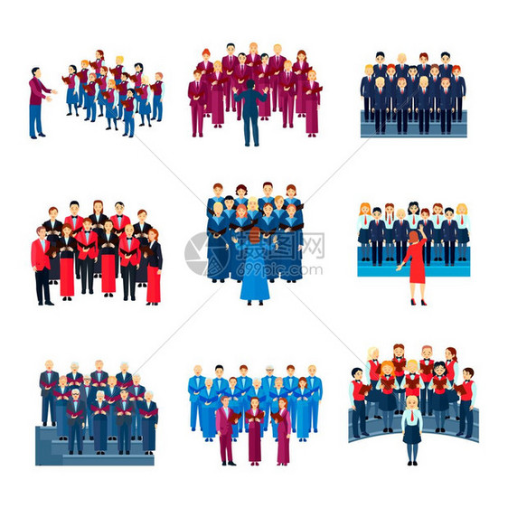 合唱演唱合奏平图标集合合唱平图标收集9个音乐合的歌唱人领导的指挥彩色孤立矢量插图图片