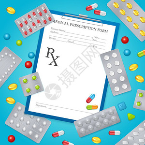 药物处方医学背景海报医疗处方现实的背景海报与铝箔药丸包装单独的片剂矢量插图背景图片