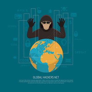 全球黑客网络象征背景海报黑客威胁警告平海报与黑色罪犯人物背后的陆地地球背景图片