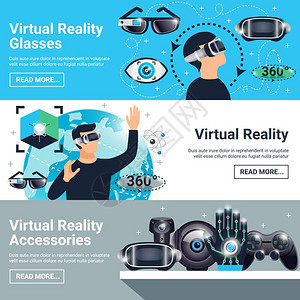 虚拟现实横幅三个水平虚拟现实横幅眼镜配件描述阅读更多按钮矢量插图图片