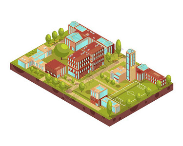 现代大学建筑等距布局现代大学建筑的复杂等距布局与足球场绿树走道长凳矢量插图背景图片