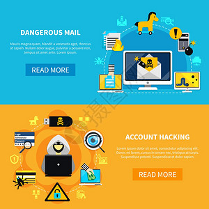 危险邮件帐户黑客平横幅黑客平横横幅与危险邮件帐户黑客装饰图标矢量插图图片