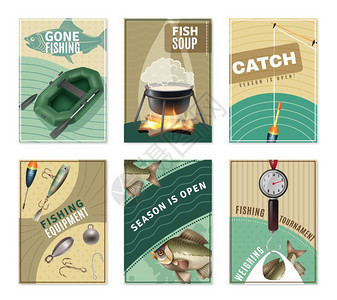淡水捕鱼6张海报版画收藏淡水捕鱼6个迷你海报收集与渔民设备图片战术技巧免费食谱孤立矢量插图图片