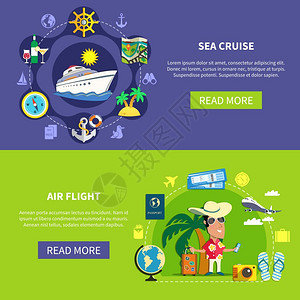 欢迎登上横幅集假期旅行平水平横幅与海上轮空中飞行图像与阅读更多按钮矢量插图图片