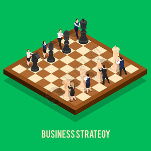 商业战略国际象棋等距人的商业与图像棋盘与棋子驱动的人字矢量插图图片