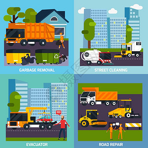 特殊运输2x2平理念特殊运输2x2平与垃圾清除道路修复街道清洁疏散人员平方成矢量插图图片