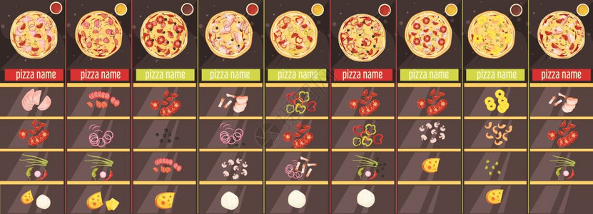 比萨饼卡通风格菜单模板卡通风格的菜单模板与烘焙比萨饼配料酱汁棕色背景矢量插图图片