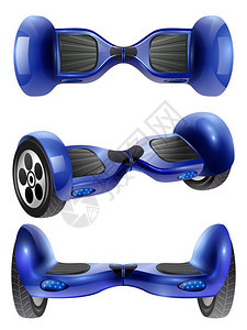 逼真的陀螺滑板车3图像集真实的自平衡陀螺仪两轮板滑板车悬停板3投影图像深蓝色矢量插图图片