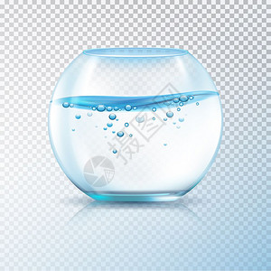 鱼缸水气泡透明透明璃圆形鱼缸与水气泡透明的背景现实矢量插图图片