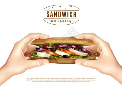 健康三明治手,逼真的形象健康的多粒三明治与马苏里拉生菜番茄洋葱手现实广告白色背景海报矢量插图图片